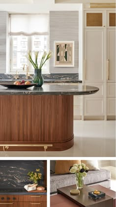 a kitchen with marble counter tops and wooden cabinets in the center, along with an island