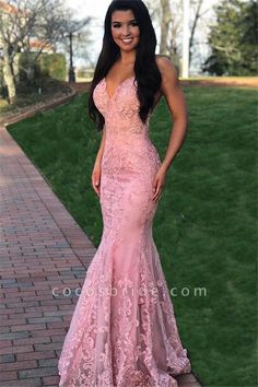 Affordable Best Spaghetti Straps Lace Mermaid Prom Dress | Cocosbride Prom Dresses Long Pink, V Neck Prom Dresses, Pink Mermaid, Pink Prom Dress, Prom Dresses Sleeveless, Pink Prom, Lace Mermaid, Pretty Prom Dresses, Mermaid Fashion