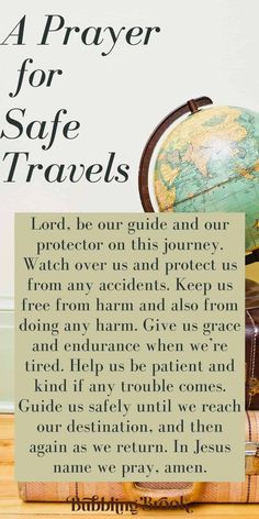 a prayer for safe travels with an image of a globe and suitcase on the floor