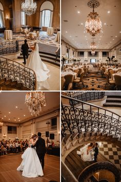 the bride and groom are walking down the stairs at their wedding reception in an elegant ballroom