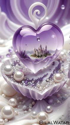 a purple heart shaped cake with a castle in the middle and pearls around it on top