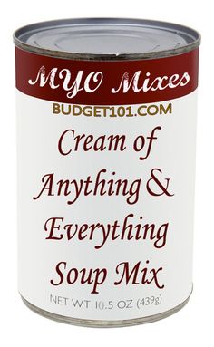 a can of cream of anything and everything soup mix on a white background with red lettering