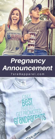 two people are standing next to each other with the words, pregnant announcement and baby onesuit