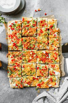 an image of food that is laying out on the table with it's toppings