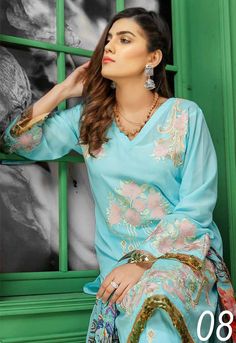 🌿🌺Sanam Saeed Embroidery Swiss 2020 ✨Premium Swiss Embroidery Dress, Premium Digital Printed Chiffon Dupatta, Cotton Pant🌷🔥 For Raw Pictures pls visit our FB page: www.facebook.com/mbazar.com.xpress web: www.mbazar.com Sanam Saeed, Raw Pictures, Swiss Embroidery, Dhaka Bangladesh, Chiffon Dupatta, Three Piece Suit, Embroidery Dress