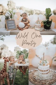 a collage of photos with giraffes, balloons and other items for a wild one birthday party