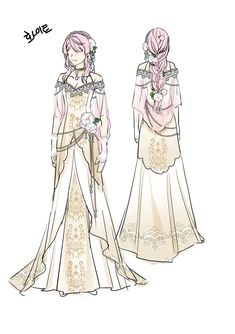 two women in wedding gowns, one with pink hair