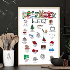 a poster with the words holiday bucket list on it next to some kitchen utensils