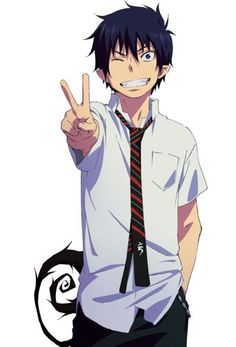 an anime character with black hair and tie pointing to the side while wearing a white shirt