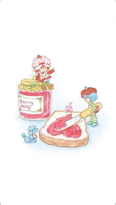 a drawing of a piece of bread with jam on it and a doll next to it