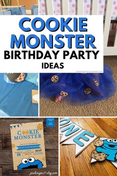 cookie monster birthday party with blue decorations and cookies on the table, including an image of cookie