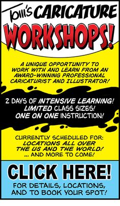 an advertisement for a workshop on how to use caricature and other things in the classroom