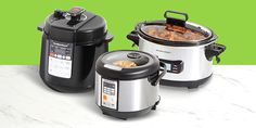 three crockpots are sitting next to each other on a countertop with green background