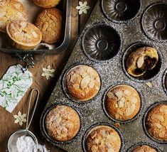 freshly baked muffins are in the pan and ready to be eaten on the table