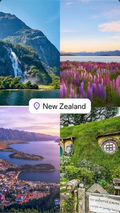 four different pictures with the words new zealand on them and an image of mountains, flowers, and water