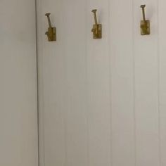 three brass handles are on the white wall