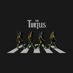 the turtles walking across a crosswalk with their backs turned to look like they're going