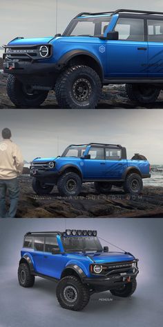 four different views of a blue truck on the beach and man standing next to it