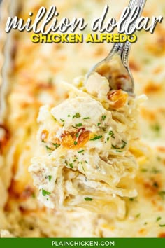 a spoon full of chicken alfredo in a casserole dish with text overlay