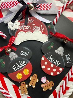 mickey mouse christmas ornament on top of a black and red box with candy canes