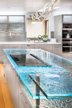 White Kitchen Countertops Kitchen Island Glass Countertops Tempered Glass Countertop Raised Kitchen Island, Countertops For Kitchen, White Kitchen Countertops, Countertops Ideas, Modern Contemporary Kitchen