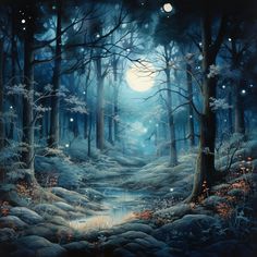 a painting of a forest at night with the moon in the sky and stars on the ground