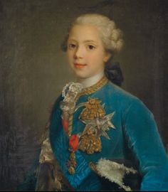 a portrait of a young boy in blue and gold clothing, with his hand on his hip