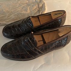 Excellent Condition Crocodile Loafers By Ferragamo Classic Crocodile Pattern Slip-on Loafers, Classic Moc Toe Dress Shoes With Crocodile Pattern, Classic Crocodile Pattern Loafers For Business, Classic Crocodile Pattern Loafers For Semi-formal Occasions, Classic Crocodile Pattern Semi-formal Loafers, Classic Semi-formal Crocodile Pattern Loafers, Classic Leather Loafers With Crocodile Pattern, Classic Moccasins With Crocodile Pattern And Round Toe, Formal Brown Crocodile Pattern Moccasins