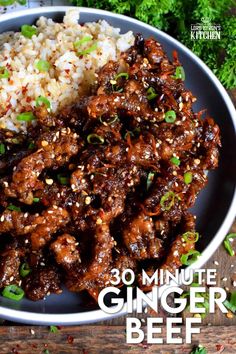 an image of a plate of food with rice and meat on it that says 30 minute ginger beef