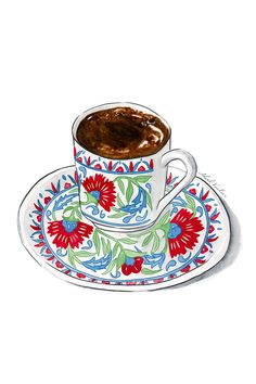 a drawing of a coffee cup and saucer on a white plate with red flowers