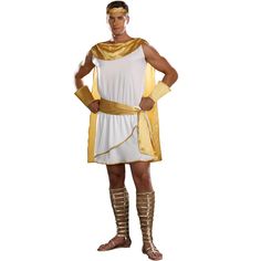 You'll have the mortals at your feet in this magnificent toga costume! With elegant gold details, this costume is fit for any god! Size: 2x-large. Gender: 0482Men. Age Group: adult. Gold Cosplay Costumes For Cosplay Events, Fitted Gold Costume For Costume Party, Greek God Costume Male, Zeus Costume, God Costume, Greek Toga, Greek God Costume, Toga Costume, Toga Party