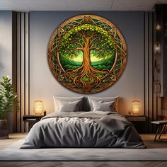 a bedroom with a large tree painting on the wall