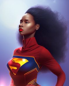 a woman wearing a superman suit with her hair blowing in the wind and looking off into the distance