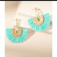 Color: Mint With Gold Accents. New In Packaging. Spring Beach Earrings With Fringe, Gold Fringe Earrings For Beach, Beach Gold Fringe Earrings, Fringe Earrings For Vacation, Chic Fringe Earrings For Summer, Chic Summer Fringe Earrings, Trendy Fringe Earrings For The Beach, Real Gold Hoop Earrings, Raffia Earrings