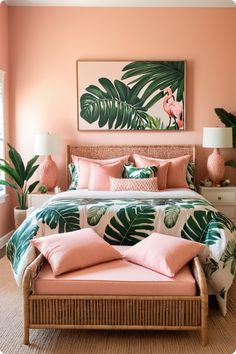 a bedroom with pink walls and palm leaves on the bed