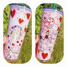 two pictures of the same starbucks cup, one with hearts and an elephant on it