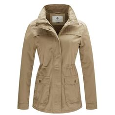 Show off your curves in this tailored utility canvas jacket, designed with a slim fit and an inside drawstring to accentuate your waist. With two snap hand pockets and one inside pocket for essentials, it combines style and functionality. The breathable cotton shell and soft lining ensure all-day comfort, while adjustable cuffs provide added warmth. Featuring a classic stand collar and unique slit hem, this versatile anorak pairs perfectly with jeans, pants, or dresses, making it a wardrobe stap Hood Fashion, Cotton Jackets Women, Puffer Jacket Style, Quilted Parka, Coat With Hood, Long Puffer Coat, Womens Coats, Military Coat, Army Jacket