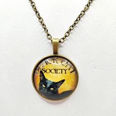 Black Cat Society Cabochon Necklace In Antique Bronze. New. Witch Familiar, Witches Familiar, Cabochon Necklace, Jewelry Black, Halloween Witch, Gold Black, Antique Bronze, Womens Jewelry Necklace, Black Cat