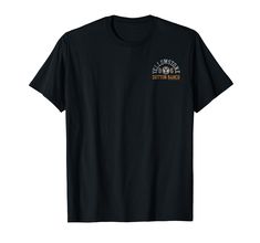 a black t - shirt with an orange and white logo on the chest that says,