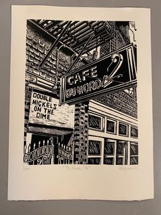 a black and white drawing of a street sign in front of a building with the words cafe on it