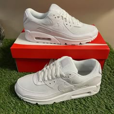 Nike Air Max 90 Shoes Triple White White/Wolf Grey Cn8490-100 Mens Size New Nike Shoes Air Max 90 Women's, White Air Max 90, Air Max 90 Grey, Outfit Drip, Nike Air Max 90 White, 90 Shoes, Womens Nike Air Max, Nike Clothes Mens, Nike Clothes