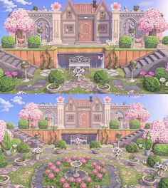 two pictures of the same house with flowers and bushes in front of it, one is pink