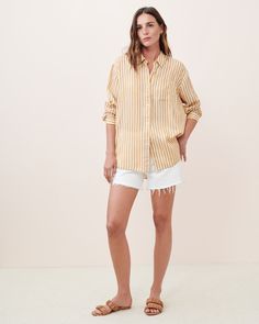 Boyfriend Shirt Mustard Stripe Effortless Relaxed Fit Shirt With Placket, Spread Collar Blouse For Summer, Summer Everyday Blouse With Spread Collar, Everyday Summer Blouse With Spread Collar, Effortless Shirt With Relaxed Fit And Spread Collar, Effortless Relaxed Fit Shirt With Spread Collar, Relaxed Fit Shirt With Shirttail Hem For Daywear, Unstructured Summer Shirt For Daywear, Unstructured Summer Shirt