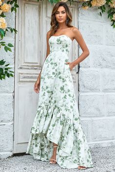 Wedtrend Women Wedding Guest Dress Green Asymmetrical Printed Long Wedding Party Dress with Strapless – WEDTREND Long Summer Wedding Guest Dress, Floral Sage Dress, White And Green Floral Dress, White Dress With Green Flowers, Floor Length Floral Dress, Garden Party Formal Dress, Pattern Bridesmaids Dresses, Sage Floral Dress, Floral Green Bridesmaid Dresses