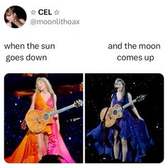 two women in dresses playing guitars and singing on stage with caption that reads, when the sun goes down and the moon comes up