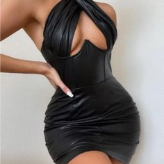 Women's Faux Leather Backless Criss Cross Halter Mini Bodycon Dress Sexy Black Halter Mini Dress, Club Outfits For Women, Leather Mini Dress, Mini Dresses For Women, Sleeveless Mini Dress, Midi Dress Sleeveless, Leather Dress, Types Of Dresses, Mini Dresses