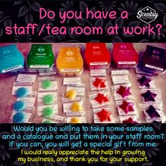 there are many different colored candies on the table with words above them that read do you have a staff / tea room at work?