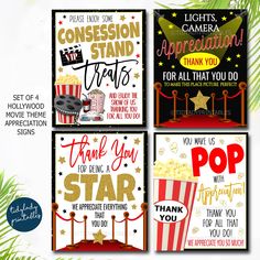 four movie themed cards with the words thank you for all that you do and popcorn