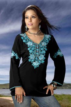 Black Tunic Top, Women's Tunic, Western Top, Black Hippie Top, Embroidery tunic for Women,black elegant blouse, black embroidered blouse The Tunic is made of Premium crepe fabrics Long sleeve The embroidery pattern of the tunic makes it unique and striking. Machine washable. Mid-thigh length dress Wash Care: 🔸Machine wash or gentle hand wash in cold water. ---- Custom orders are available ---- 🔸We are a custom Design shop! Please contact us if you would like us to customize the tops for your m Embroidered Black Blouse Piece For Eid, Black Blouse Piece With Resham Embroidery For Eid, Black Embroidered Blouse Piece For Eid, Black Blouse With Intricate Embroidery, Black Blouse Piece With Intricate Embroidery, Black Top With Intricate Embroidery, Black Blouse Piece With Embroidered Border, Traditional Black Blouse With Intricate Embroidery, Traditional Black Blouse With Floral Embroidery