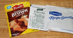 two bags of frozen food sitting on top of a wooden table